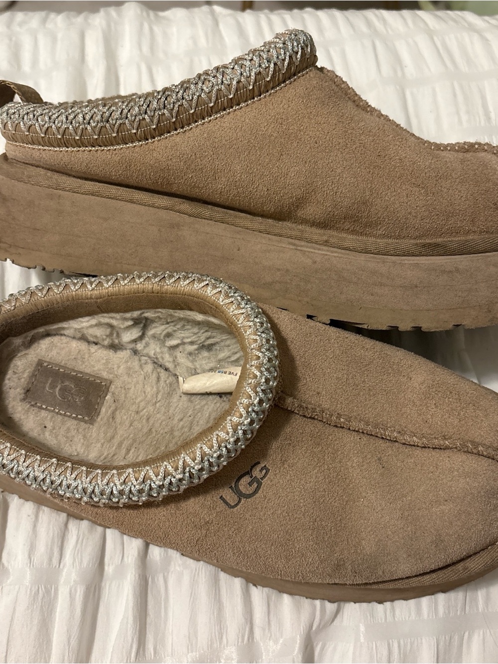 UGG Tan Suede Shearling Slip-On Clog with Braided Trim